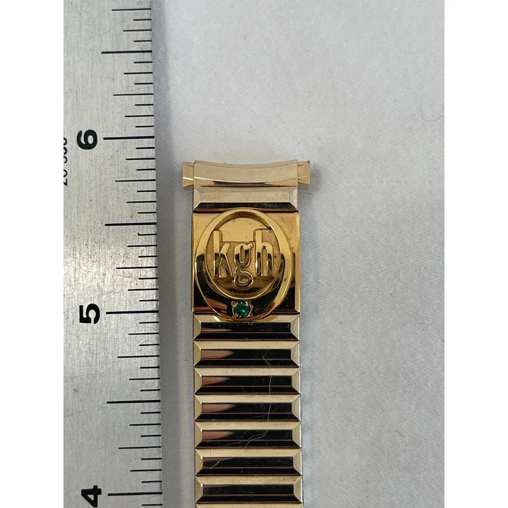 Vintage Speidel USA Gold Tone Expansion Watch Band KGH Logo Green Stone 6 Inch